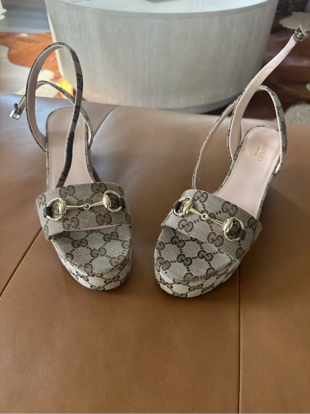 Gucci Tan Monogram Platform Slingback Sandals with Gold Horsebit